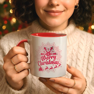 Red Mandala Snowflake & Santa Sleigh Christmas Mug