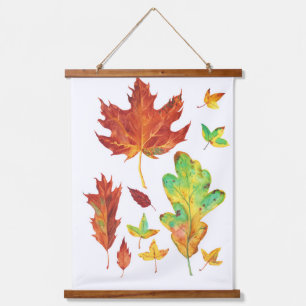 Red Maple and Golden Oak Leaves Autumn Watercolor Hanging Tapestry