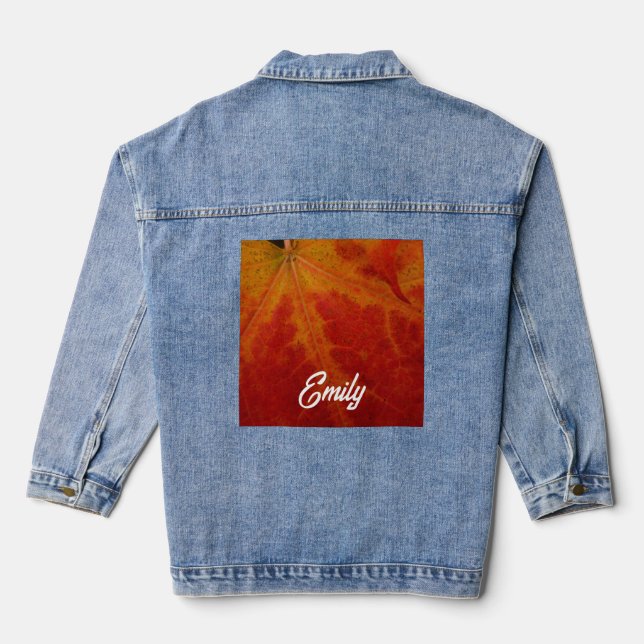 Red Maple Leaf Abstract Autumn Nature Photography Denim Jacket (Back)