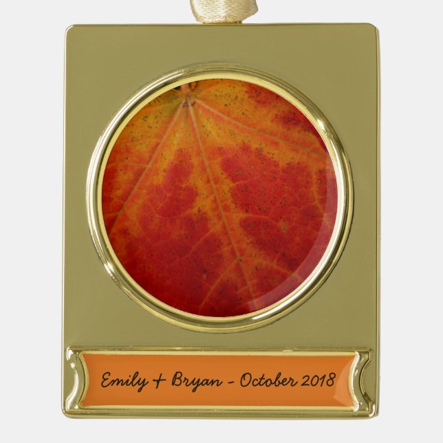 Red Maple Leaf Abstract Autumn Nature Photography Gold Plated Banner Ornament (Front)