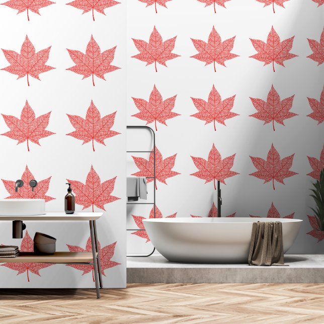 Red Maple Leaf Custom Colour White Wallpaper (Bathroom)