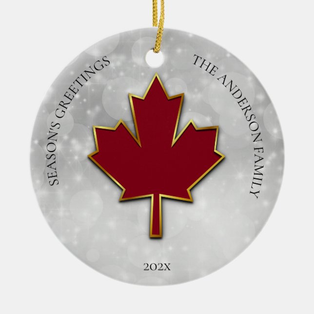 Red Maple Leaf Greetings Ceramic Ornament (Front)
