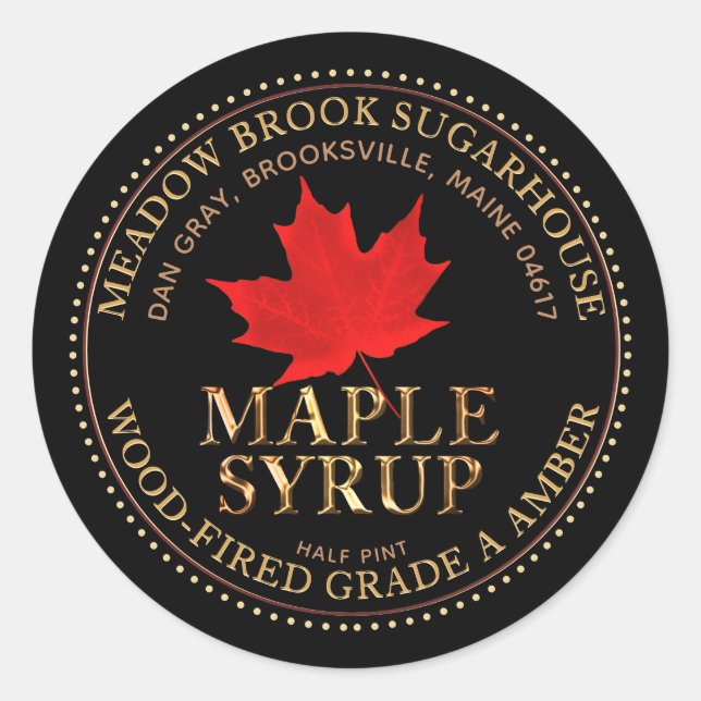 Red Maple Leaf Metallic Maple-Syrup Colour font   Classic Round Sticker (Front)