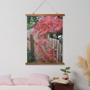 Red Maple Leaves and Bamboo Fence Hanging Tapestry