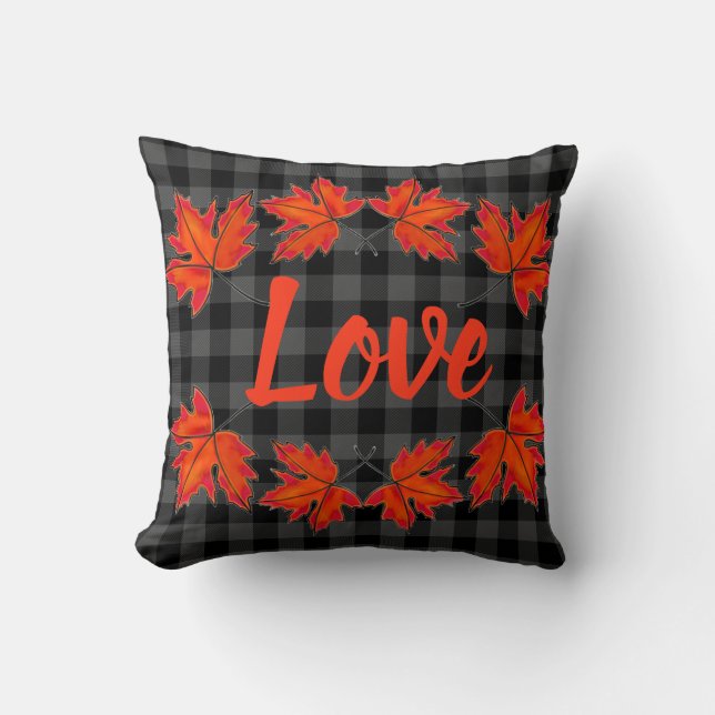 Red maple leaves love grey plaid cushion (Front)