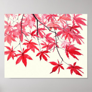 red maple leaves watercolor painting poster