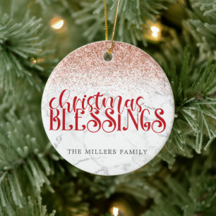 Red Marble Christmas Blessings Glitter Personalise Ceramic Ornament