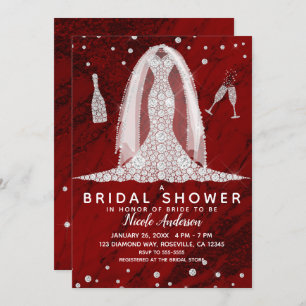 Red Marble Diamond Wedding Dress Bridal Shower Invitation