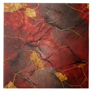 Red Marble Effect with Golden Accents Ceramic Tile