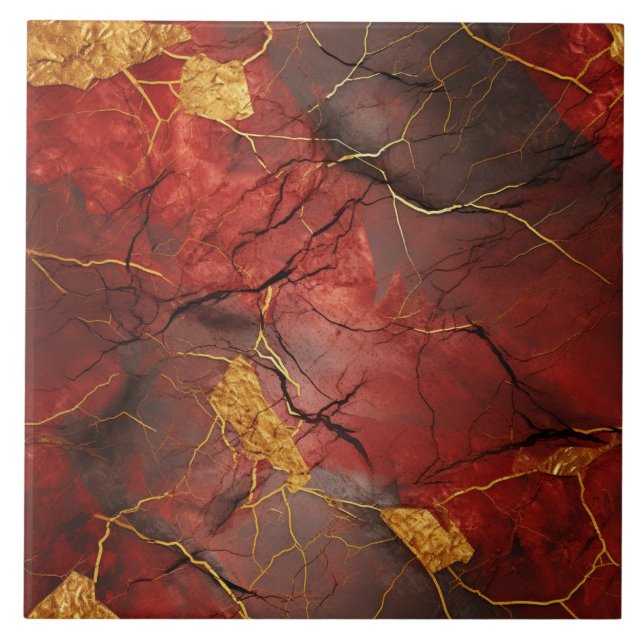 Red Marble Effect with Golden Accents Ceramic Tile (Front)