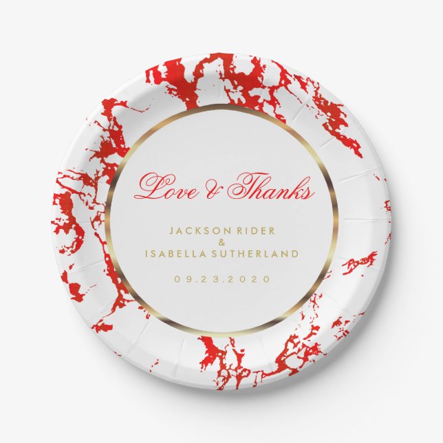 Red Marble, Gold and White Paper Plate (Front)