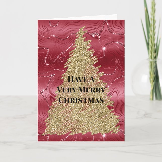Red Marble Gold Glitter Christmas Tree Card (Front)