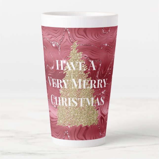 Red Marble Gold Glitter Christmas Tree Latte Mug (Front)