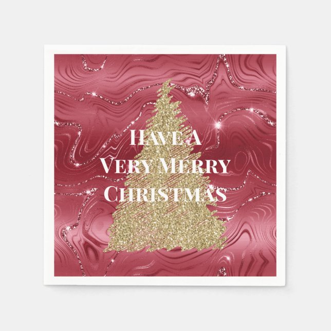Red Marble Gold Glitter Christmas Tree Napkin (Front)