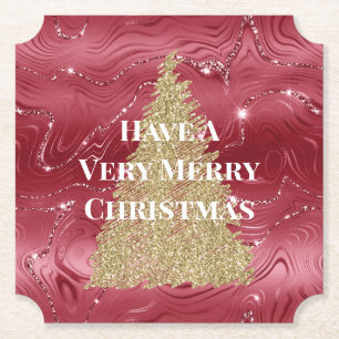 Red Marble Gold Glitter Christmas Tree Paper Coaster