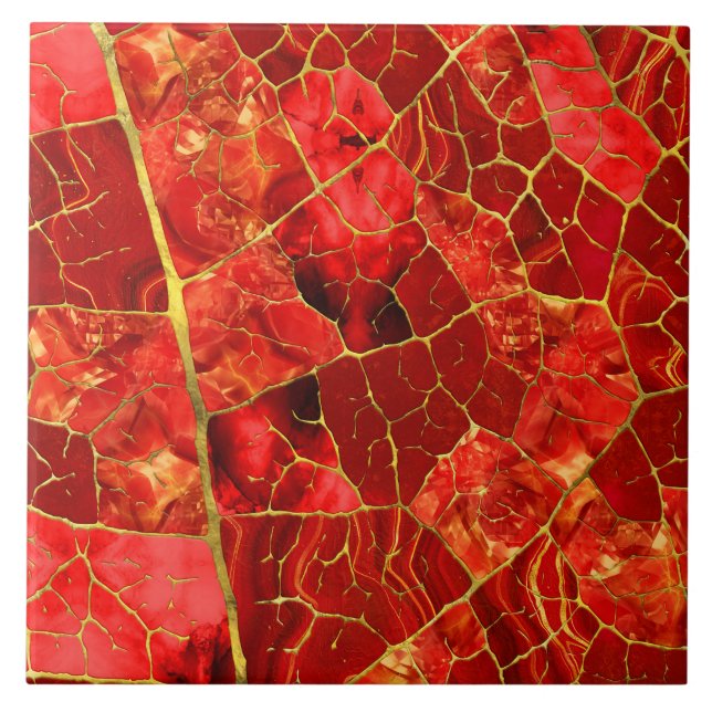 Red  Marble Leaf Ceramic Tile (Front)