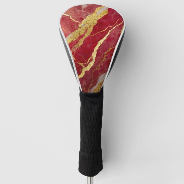 Red Marble Pattern with Gold Golf Head Cover (Front)