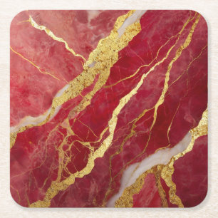 Red Marble Pattern with Gold Square Paper Coaster