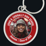 Red Marching Band Photo High School Spirit Key Ring<br><div class="desc">This cool customised high school marching band photo features white typography of your team and player name on a red brag keychain for parents. Personalise with your student's photograph and class year as a proud parent. A mum and dad can take these to competition and games.</div>