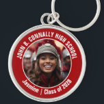 Red Marching Band Photo High School Spirit Key Ring<br><div class="desc">This cool customised high school marching band photo features white typography of your team and player name on a red brag keychain for parents. Personalise with your student's photograph and class year as a proud parent. A mum and dad can take these to competition and games.</div>