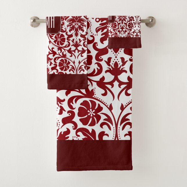 Red Maroon and White Damask Pattern Bath Towel Set (Insitu)
