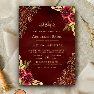 Red Maroon Floral Gold Lace QR Code Muslim Wedding Invitation