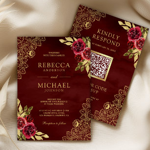Red Maroon Floral Gold Lace QR Code Wedding Invitation