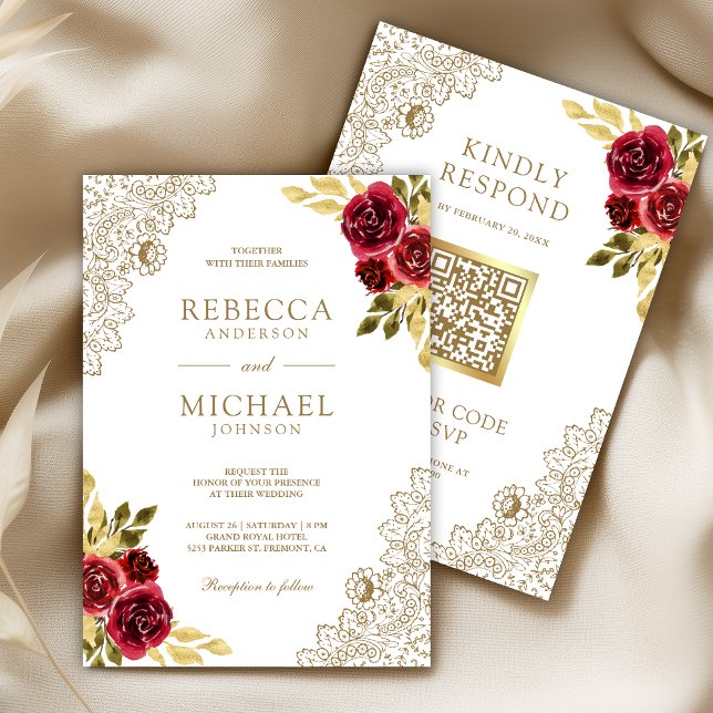 Red Maroon Floral Lace White QR Code Wedding Invitation (Creator Uploaded)