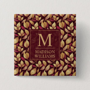 Red Maroon Gold Glitter Autumn Leaves Pattern 15 Cm Square Badge