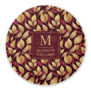 Red Maroon Gold Glitter Autumn Leaves Pattern Ceramic Knob