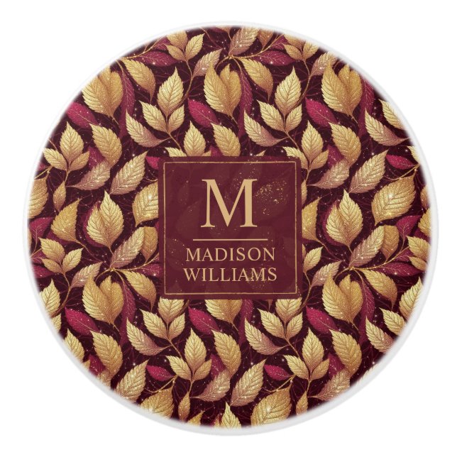 Red Maroon Gold Glitter Autumn Leaves Pattern Ceramic Knob (Front)