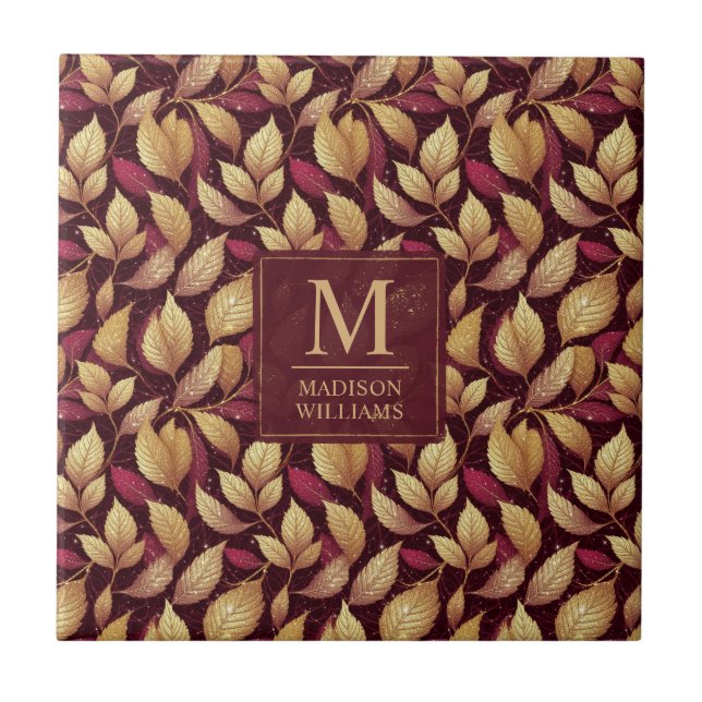 Red Maroon Gold Glitter Autumn Leaves Pattern Ceramic Tile (Front)