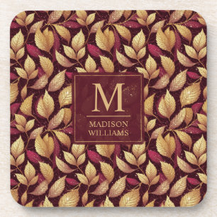 Red Maroon Gold Glitter Autumn Leaves Pattern Coaster