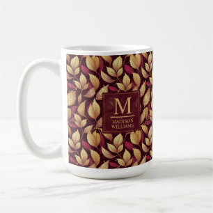 Red Maroon Gold Glitter Autumn Leaves Pattern Coffee Mug