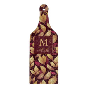 Red Maroon Gold Glitter Autumn Leaves Pattern Cutting Board