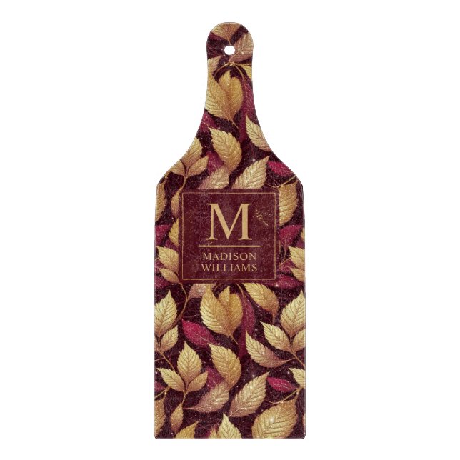 Red Maroon Gold Glitter Autumn Leaves Pattern Cutting Board (Front)