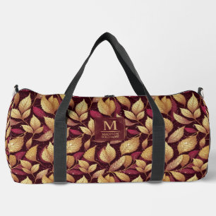 Red Maroon Gold Glitter Autumn Leaves Pattern Duffle Bag