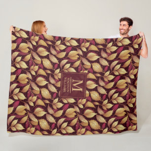 Red Maroon Gold Glitter Autumn Leaves Pattern Fleece Blanket