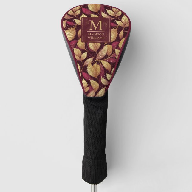 Red Maroon Gold Glitter Autumn Leaves Pattern Golf Head Cover (Front)