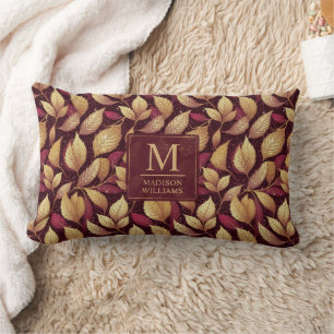 Red Maroon Gold Glitter Autumn Leaves Pattern Lumbar Cushion
