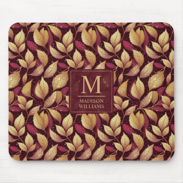 Red Maroon Gold Glitter Autumn Leaves Pattern Mouse Pad (Front)