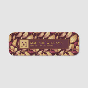 Red Maroon Gold Glitter Autumn Leaves Pattern Name Tag