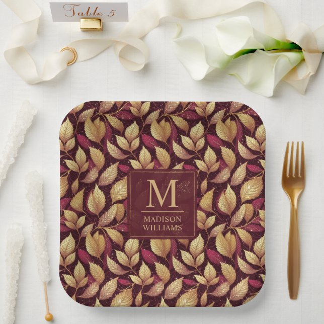 Red Maroon Gold Glitter Autumn Leaves Pattern Paper Plate (Wedding)