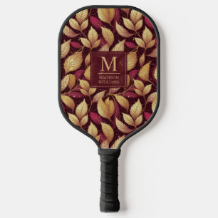 Red Maroon Gold Glitter Autumn Leaves Pattern Pickleball Paddle