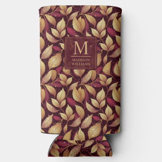 Red Maroon Gold Glitter Autumn Leaves Pattern Seltzer Can Cooler (Back)