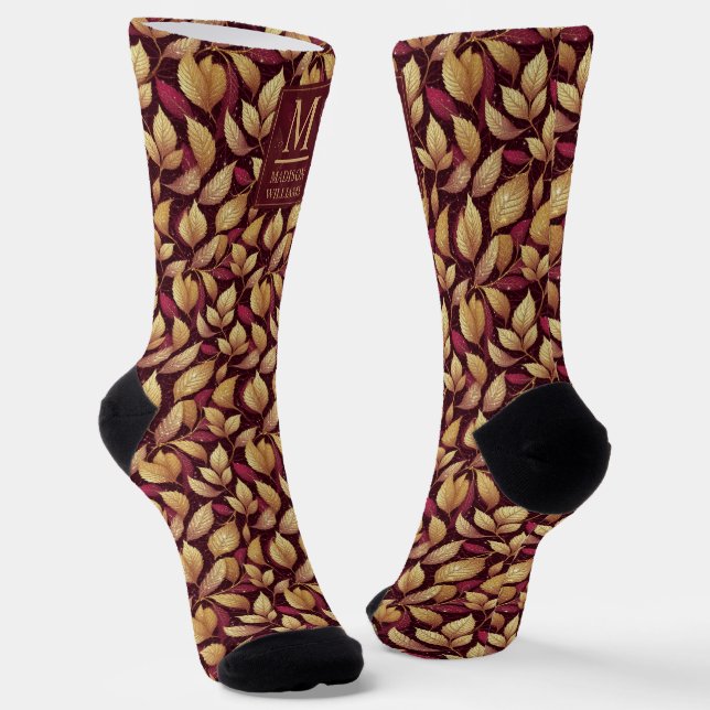 Red Maroon Gold Glitter Autumn Leaves Pattern Socks (Angled)