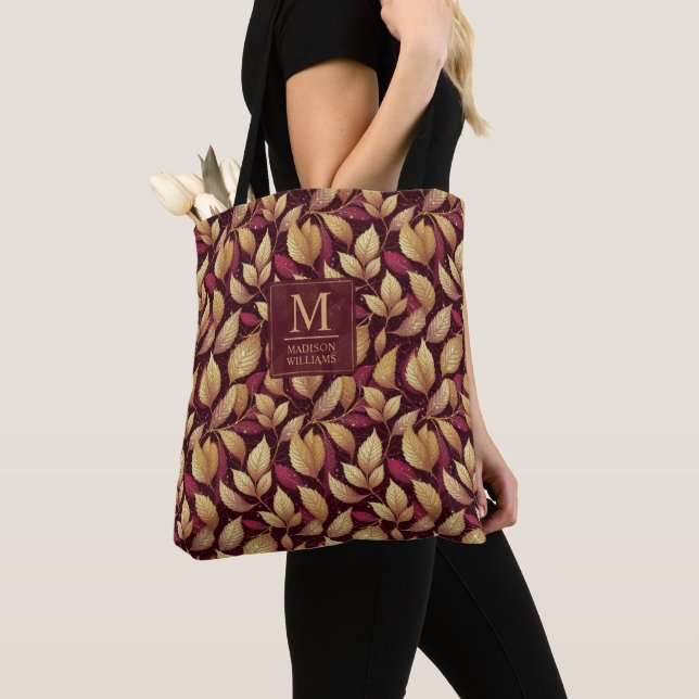 Red Maroon Gold Glitter Autumn Leaves Pattern Tote Bag (Close Up)