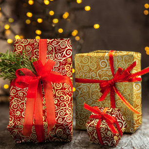    Red Maroon & Gold Swirls Pattern Boho Christmas Wrapping Paper Sheet
