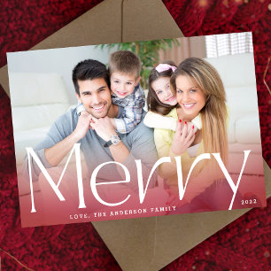Red Maroon Gradient Modern White Merry Photo Holiday Card