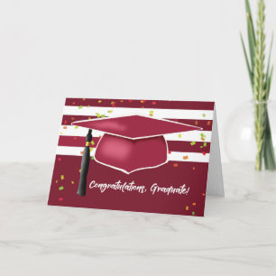 Red Maroon Graduation With Cap Black White Stripes Card
